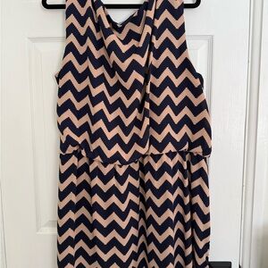 S.L. Fashions Geometric Navy and Tan Dress Cinched Waist